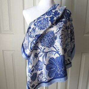 Lovely BLUE AND WHITE Flower SCARF Wrap Bold Blue Flowers Silky Arty Elegant